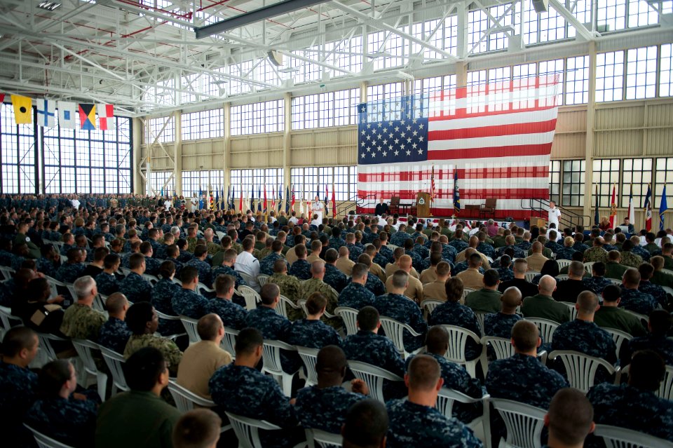 Chief of Naval Operations U.S. Navy Adm. Jonathan W. Greenert, background center left, and Master Chief Petty Officer of the Navy Mike Stevens, background center right, speak to Sailors at an all-hands call 130503-N-WL435-934