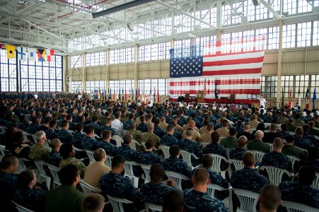 Chief of Naval Operations U.S. Navy Adm. Jonathan W. Greenert, background center left, and Master Chief Petty Officer of the Navy Mike Stevens, background center right, speak to Sailors at an all-hands call 130503-N-WL435-934 photo