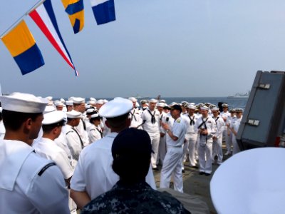 Chief of Naval Operations Adm. John Richardson holds an all-hands call with Sailors aboard the Arleigh Burke-class guided missile destroyer USS McCampbell (DDG 85), during India's International Fleet Review 2016