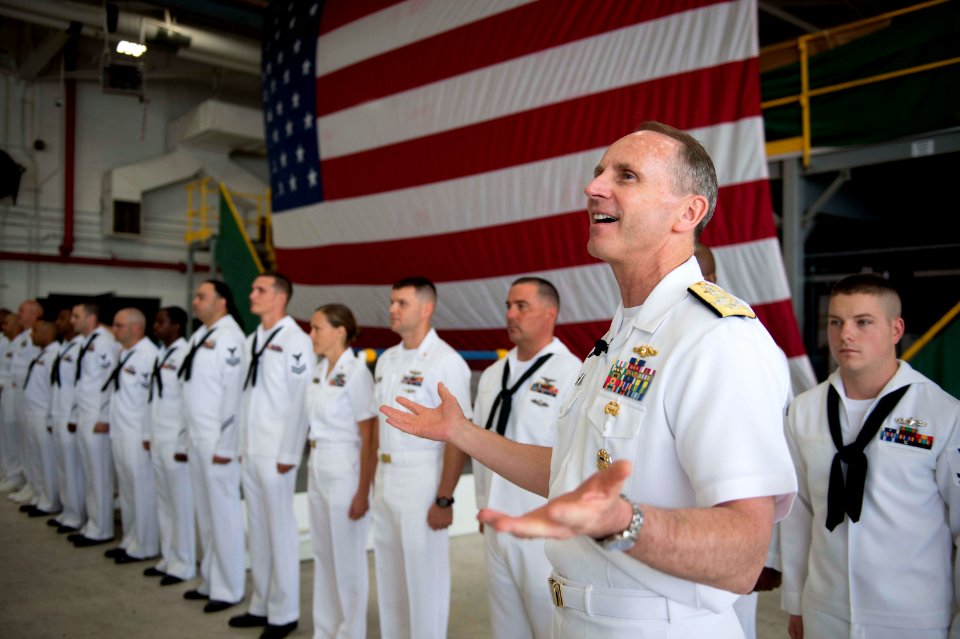 Chief of Naval Operations U.S. Navy Adm. Jonathan W. Greenert, foreground, speaks to Sailors and family members before reenlisting Sailors at an all-hands call at Naval Station Mayport, Fla., May 3, 2013 130503-N-WL435-013