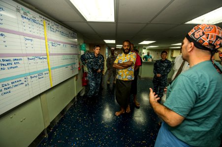Chief of Savusavu visits the hospital ship USNS Mercy (T-AH 19) during Pacific Partnership 2015. 150615-N-TQ272-058