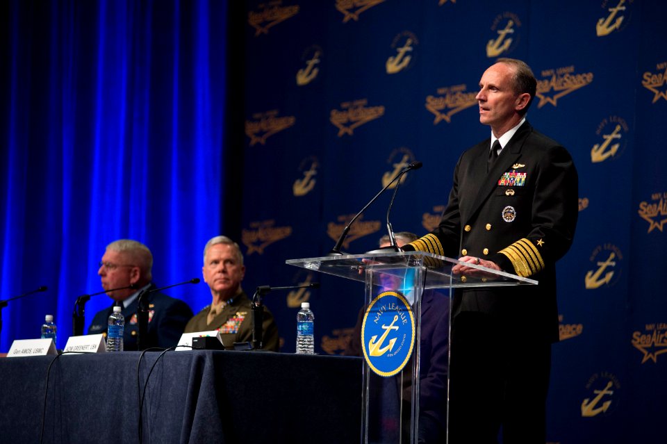 Chief of Naval Operations Adm. Jonathan Greenert delivers remarks during a panel discussion at the annual Sea-Air-Space Exposition in National Harbor, Md., April 8, 2013 130408-N-WL435-287