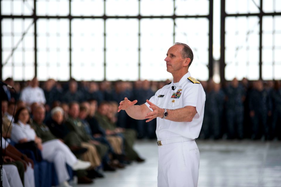 Chief of Naval Operations U.S. Navy Adm. Jonathan W. Greenert, foreground, speaks to Sailors at an all-hands call at Naval Air Station Jacksonville, Fla., May 3, 2013 130503-N-WL435-923