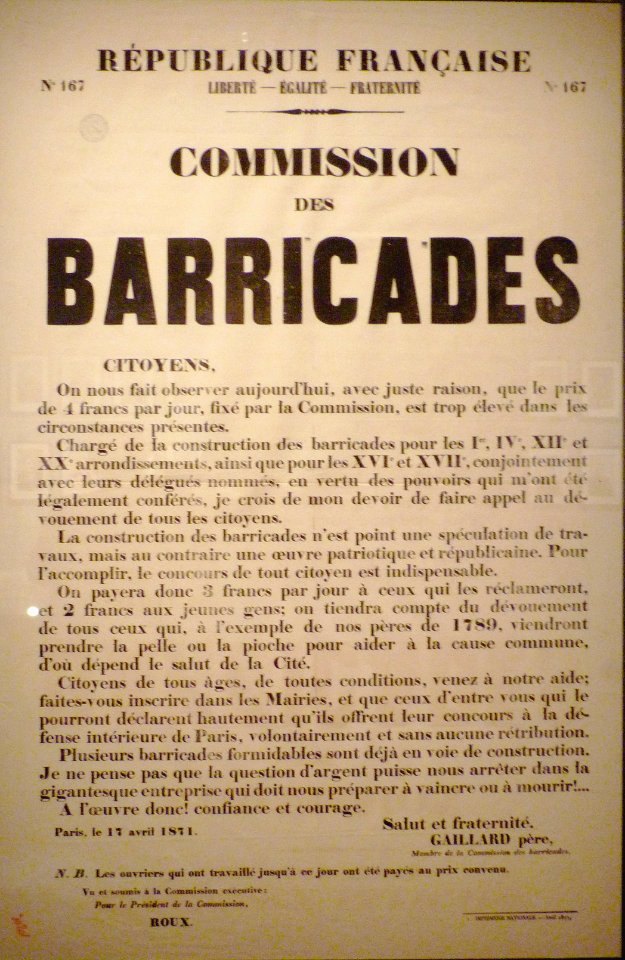Commune de Paris affiche sur le travail aux barricades