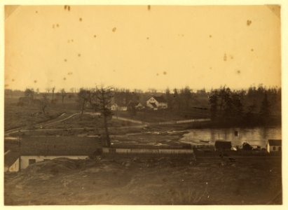 Community adjacent to the fur trading post at Fort Victoria on Vancouver Island, British Columbia showing farm and buildings LCCN2005680425