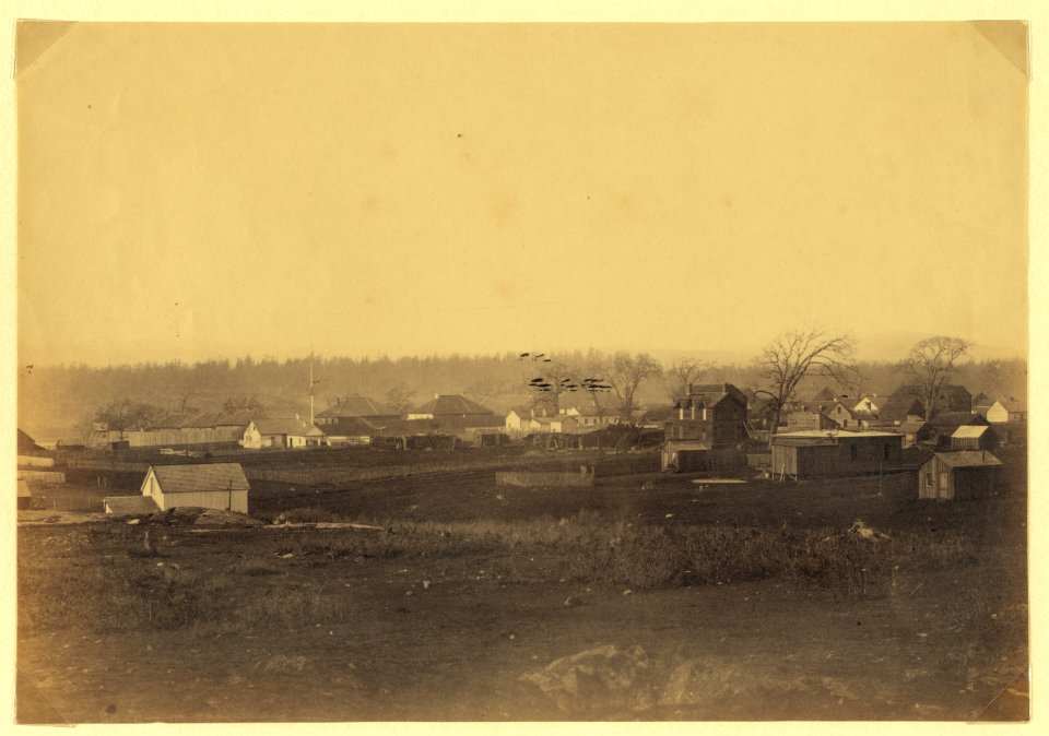 Community adjacent to the fur trading post at Fort Victoria on Vancouver Island, British Columbia, showing cluster of buildings and possibly the fort just left of center LCCN2005680429