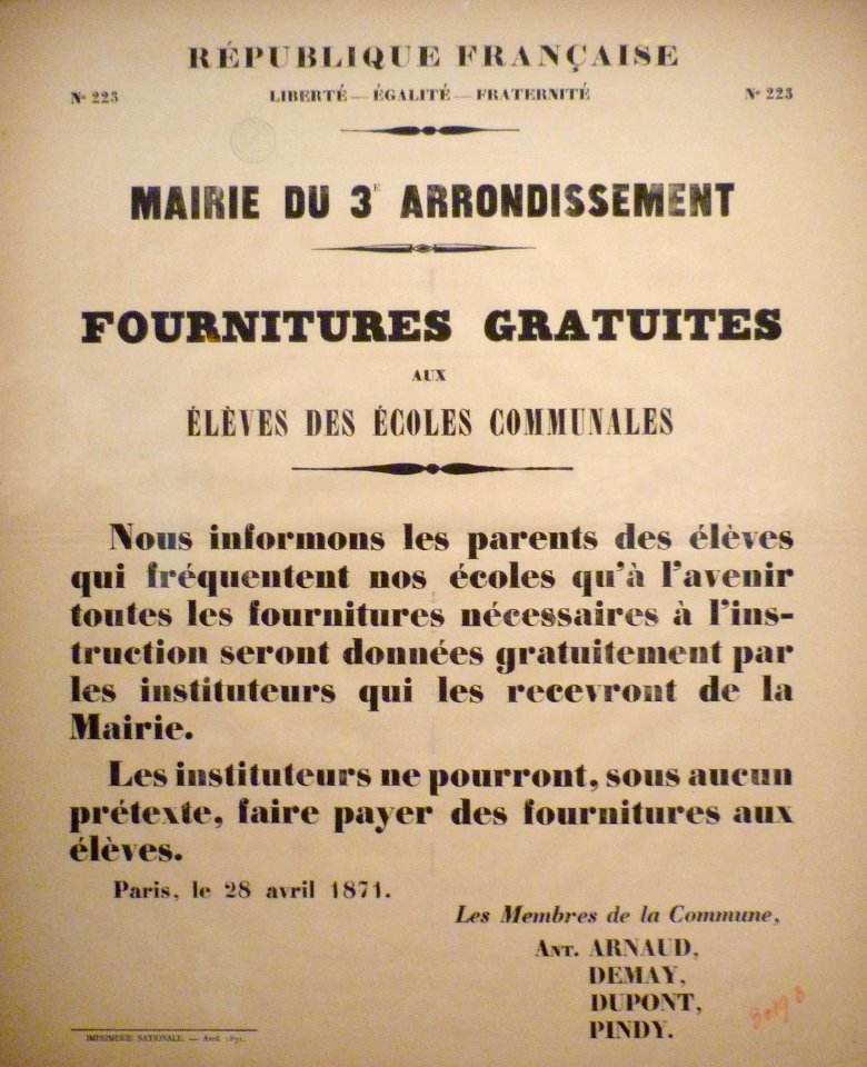 Commune de Paris affiche du 28 avril 1871 sur les fournitures scolaires