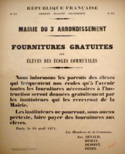 Commune de Paris affiche du 28 avril 1871 sur les fournitures scolaires