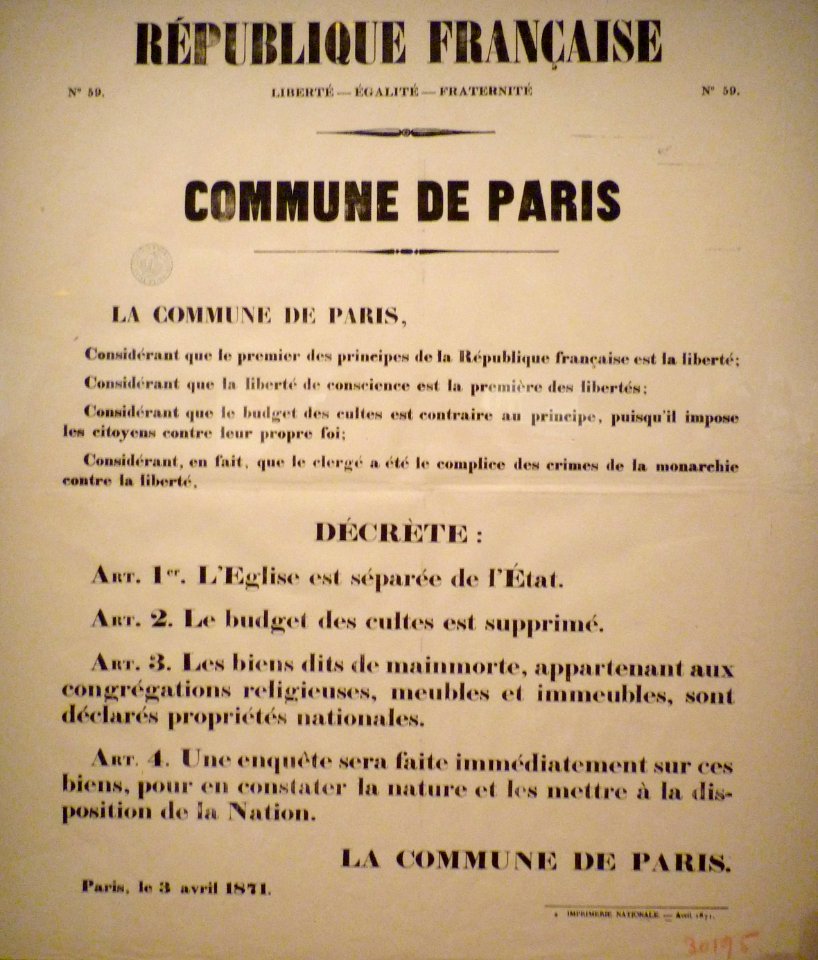 Commune de Paris décret du 3 avril 1871 sur la séparation