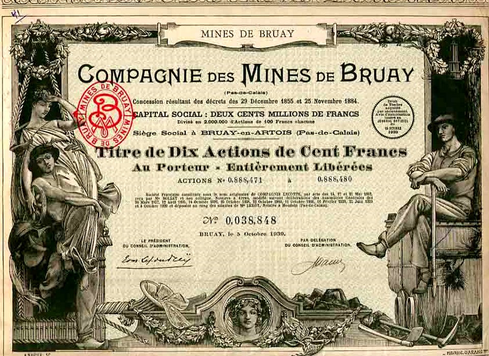 Compagnie des mines de Bruay - Titre de dix actions de cent francs au porteur de 1939