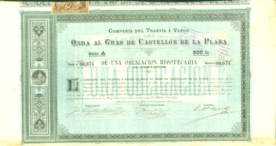 Comp. del Tranvía á Vapor de Onda al Grao del Castellón de la Plana 1888
