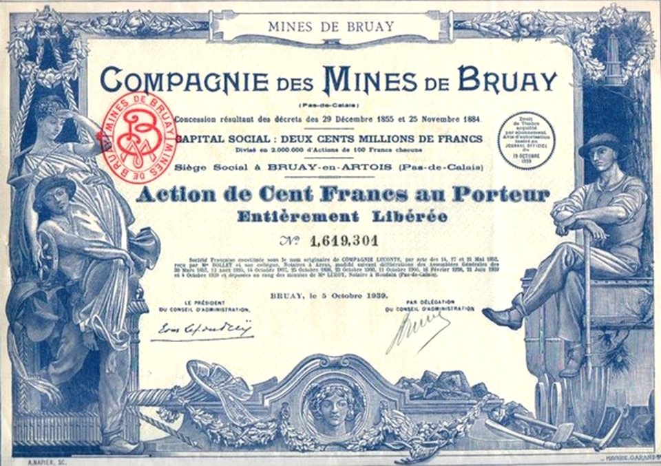 Compagnie des mines de Bruay - Action de cent francs au porteur de 1939