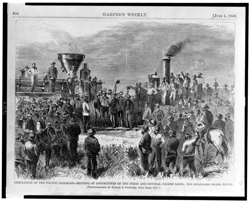 Completion of the Pacific Railroad - meeting of locomotives of the Union and Central Pacific lines- the engineers shake hands LCCN96509622
