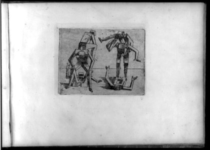 Composite figures in cubist and surrealistic style composed of materials such as chain links, tubes, sieves and tennis racquets LCCN2005680700