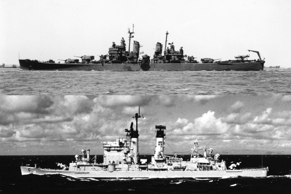 Comparison of USS Chicago as heavy cruiser CA-136 in 1945 and as guided missile cruiser CG-11 in 1976