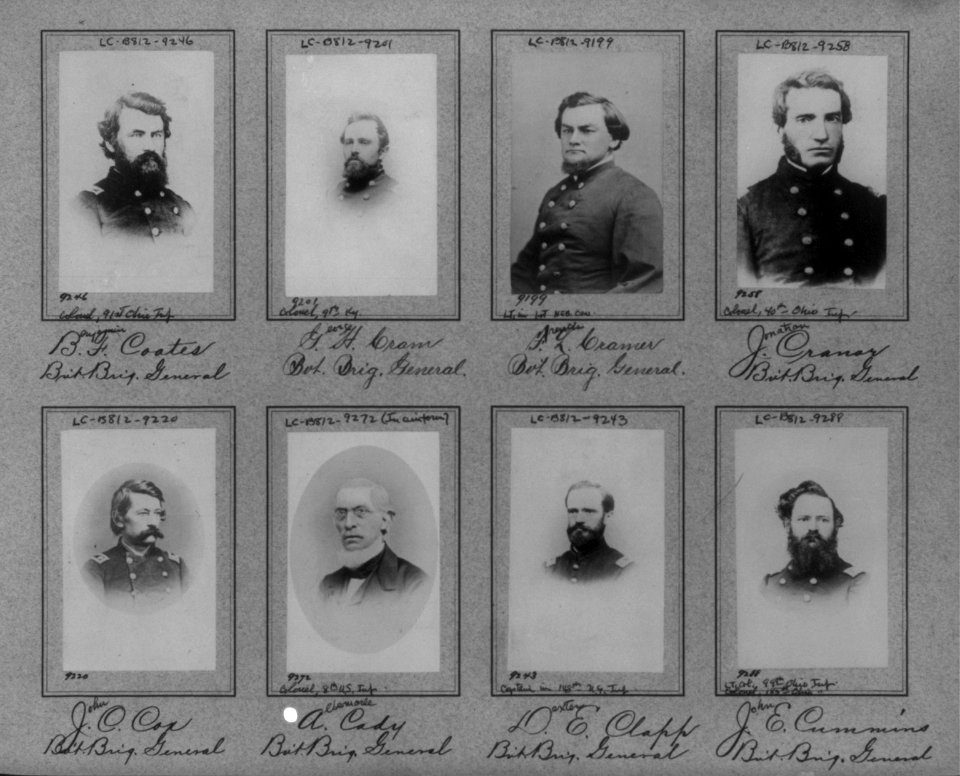Composite of 8 bust photos of Brig. Generals Benjamin F. Coates, George H. Cram, Francis L. Cramer, Jonathan Cranor, John C. Cox, Albemarle Cady, Dexter E. Clapp, John E. Cummins LCCN2006682503