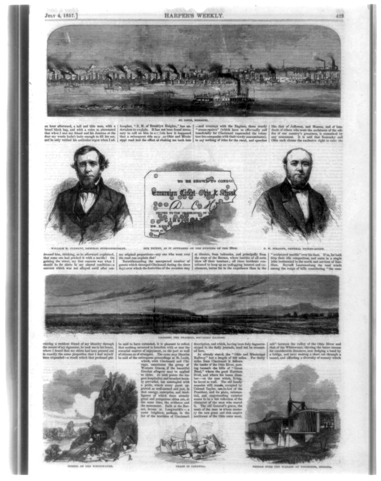 Composite of eight illustrations showing skyline view of St. Louis, Missouri, portraits of William H. Clement and P.W. Strader, train crossing the prairies, southern Illinois, tunnel on the LCCN99614174