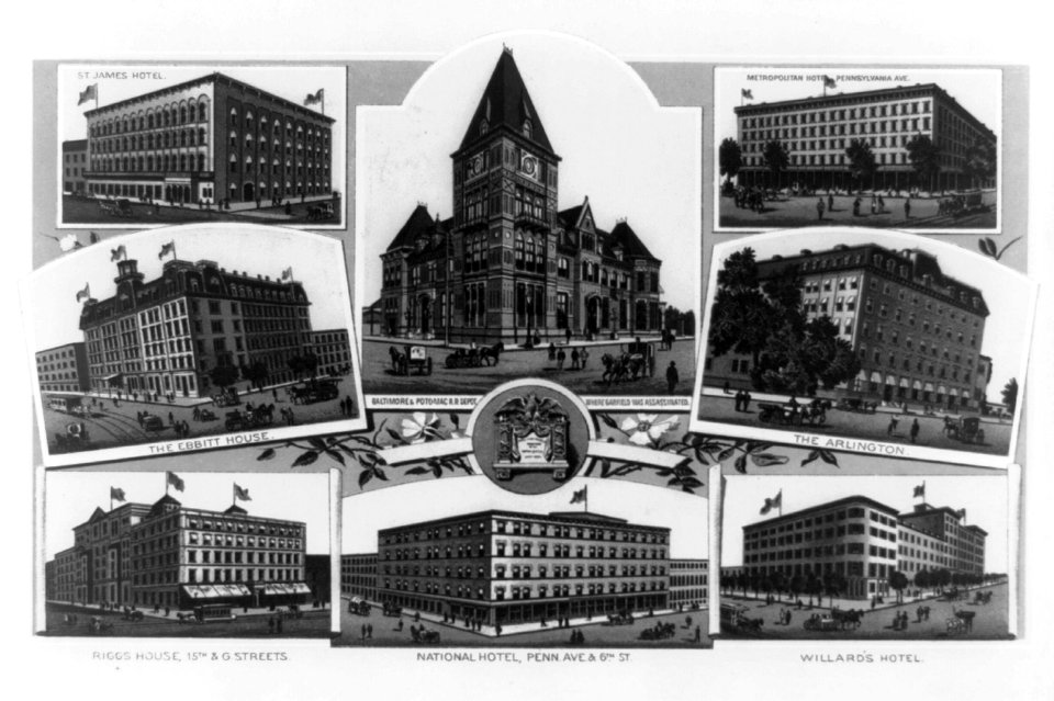 Composite of eight buildings in Washington, D.C.-St. James Hotel, the Ebbitt House, Riggs House, Metropolitan Hotel, National Hotel, The Arlington, Willard's Hotel, and the Baltimore & LCCN96503316