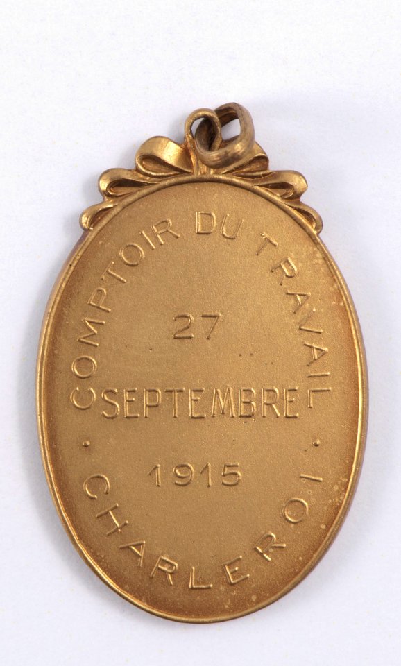 Comptoir du Travail Charleroi 27 Septembre 1915, medal by Pierre Theunis, Belgium, 1915, Coins and Medals Department of the Royal Library of Belgium, 2Lef68 - 16 (verso)
