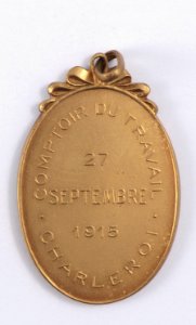 Comptoir du Travail Charleroi 27 Septembre 1915, medal by Pierre Theunis, Belgium, 1915, Coins and Medals Department of the Royal Library of Belgium, 2Lef68 - 16 (verso)