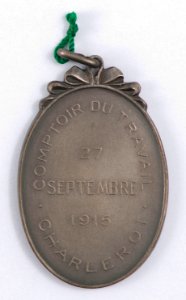 Comptoir du Travail Charleroi 27 Septembre 1915, medal by Pierre Theunis, Belgium, 1915, Coins and Medals Department of the Royal Library of Belgium, 2Lef68 - 15 (verso)