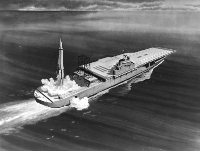 Concept artwork of Essex-Ticonderoga class carrier as satellite launch ship