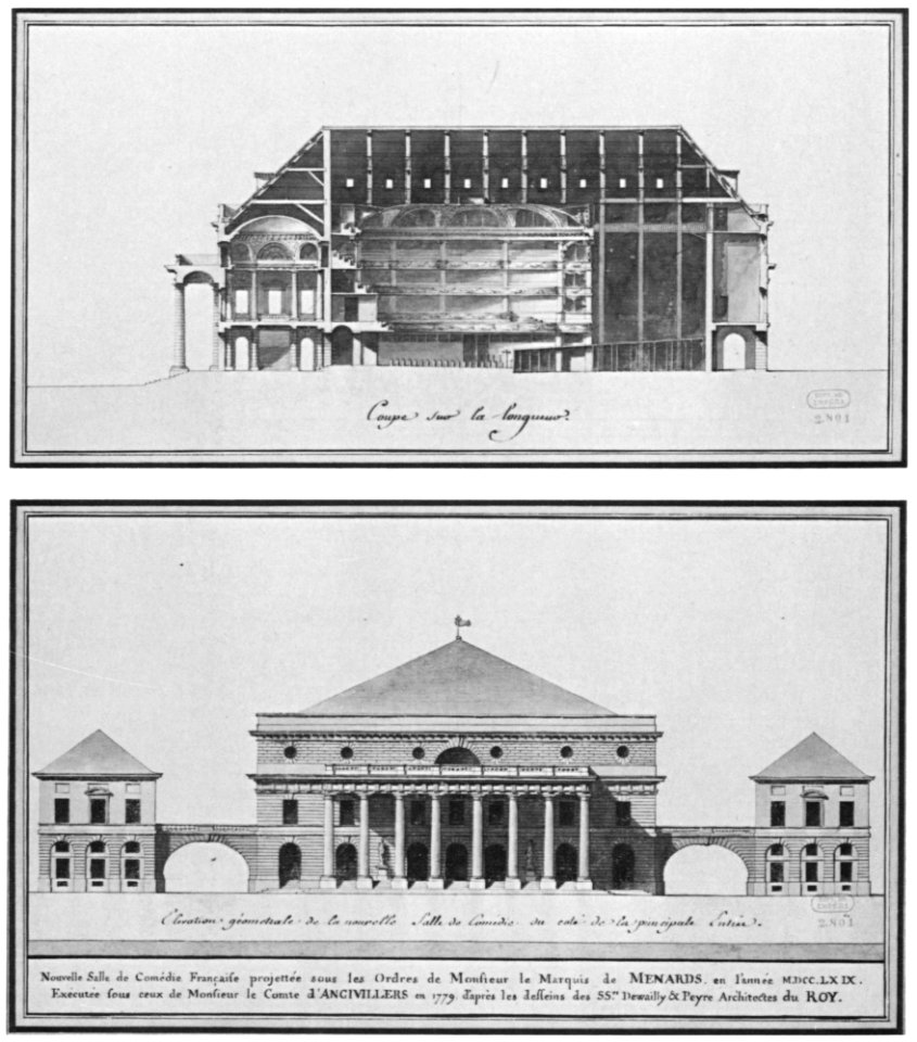 Comédie-Française (Odéon) section and elevation, final project by de Wailly and Peyre 1778 - Mead 1991 p47