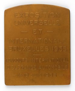 Concours International d'Elégance Automobile - Exposition Universelle et Internationale de Bruxelles 1935, plaquette by Pierre Theunis, Belgium, (1935), Coins and Medals Department of the Royal Library of Belgium, 2N130 - 1 (verso)