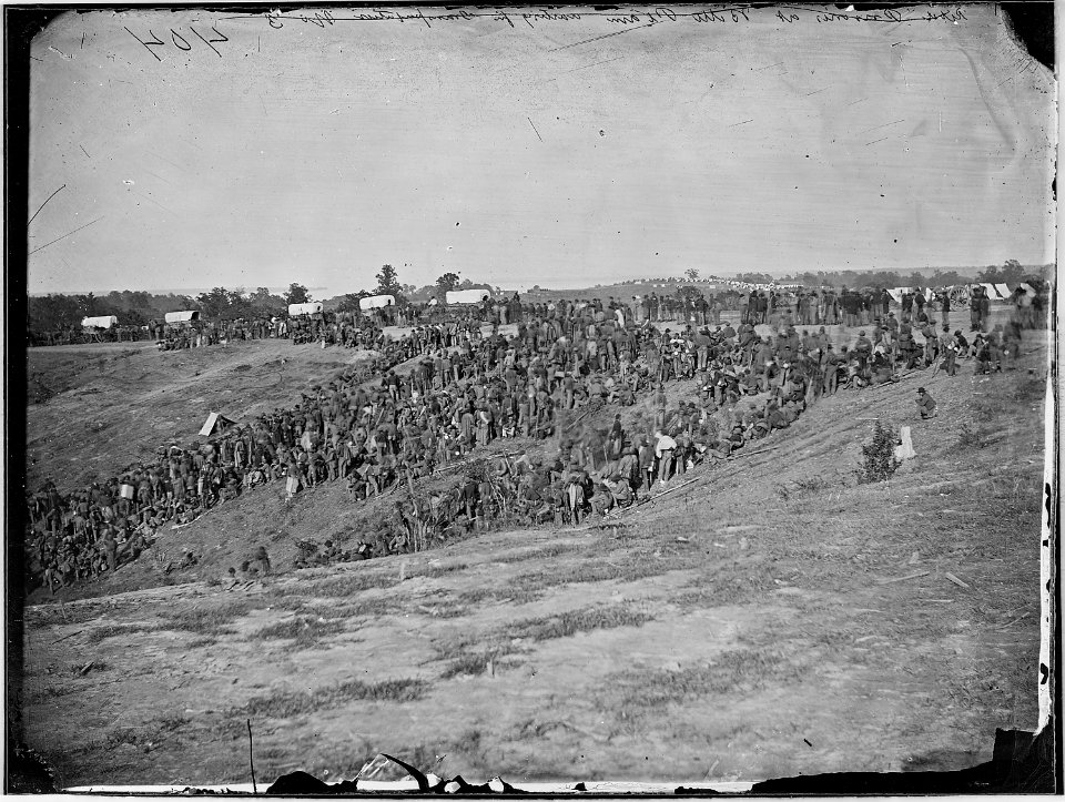 Confederate prisoners waiting for transportation, Belle Plain, Va. - NARA - 524824