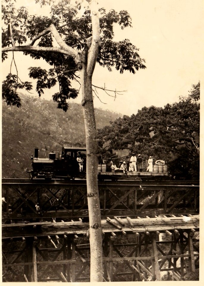 Congo Railways - a narrow gauge 0-4-0 steam locomotive on a bridge