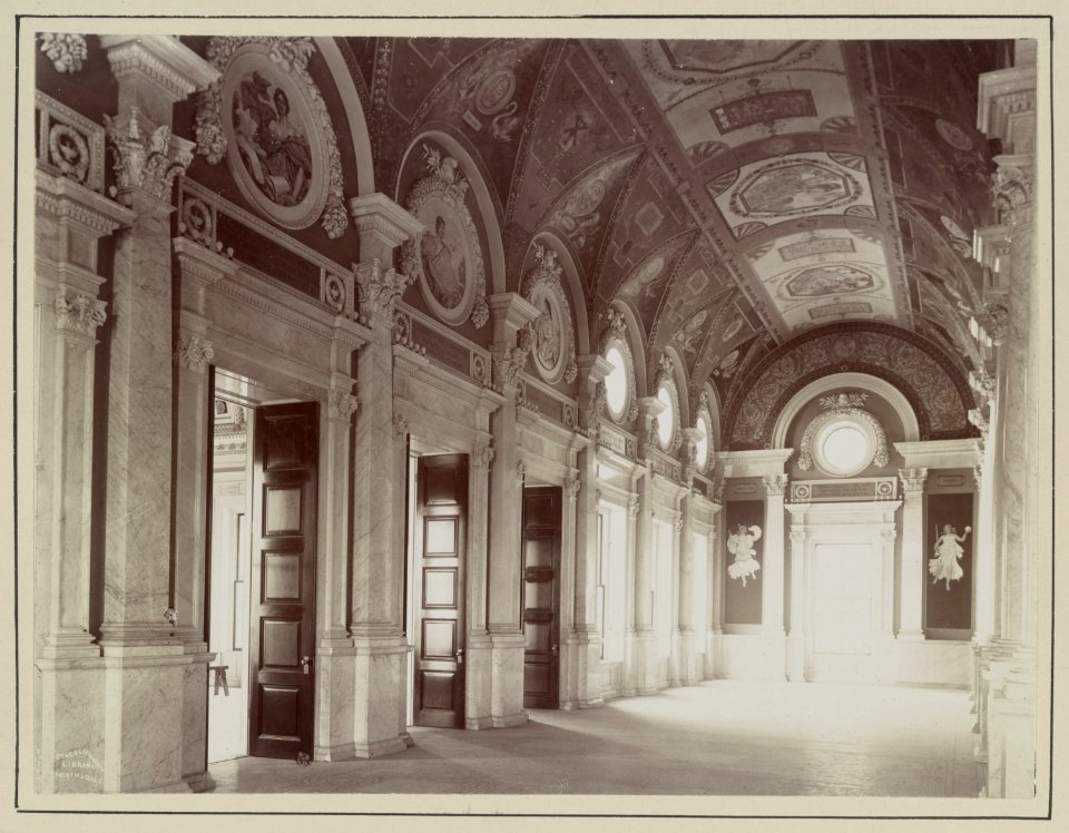 Congressional Library. Second floor, north corridor, looking towards northeast corner with murals of Fortitude and Justice LCCN2013646330