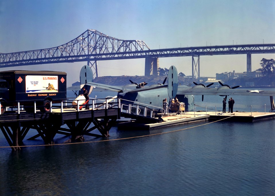Consolidated PB2Y-3R Coronado loads cargo at the Pan American Airways dock, Treasure Island, California (USA), in January 1943 (80-G-K-1149)
