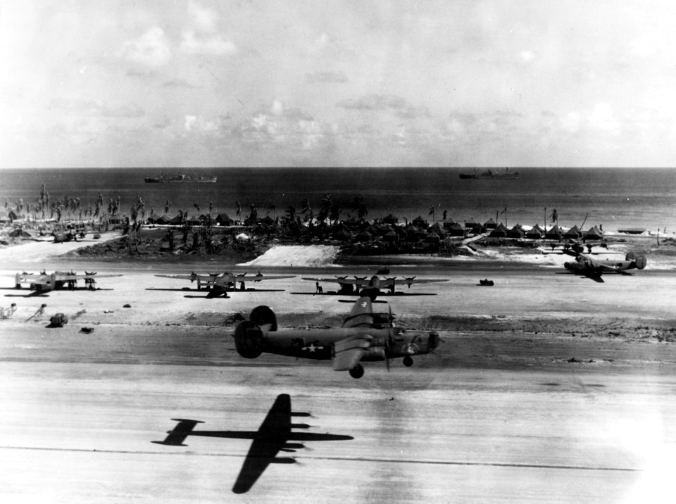Consolidated PB4Y-1 Liberator takes off from Eniwetok Airfield on 13 April 1944 (80-G-251484)