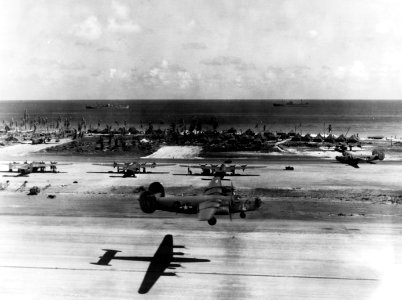 Consolidated PB4Y-1 Liberator takes off from Eniwetok Airfield on 13 April 1944 (80-G-251484)