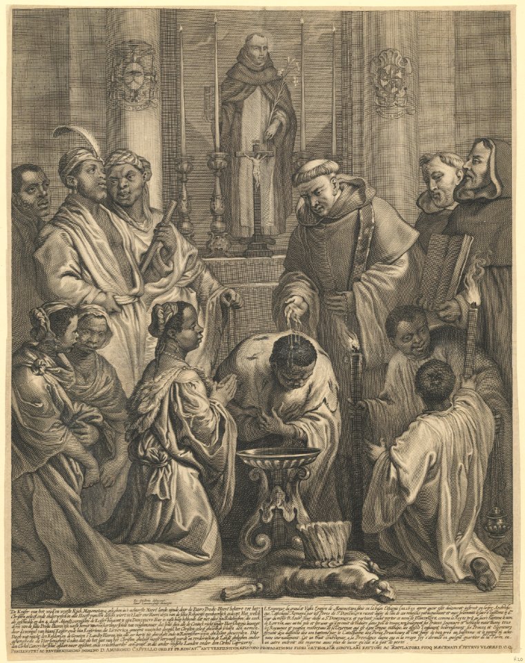 De doop van de keizer en de keizerin van Monomotapa door de Predikheren op 4 augustus 1652 - Universiteitsbibliotheek Leiden - PK-P-131.342