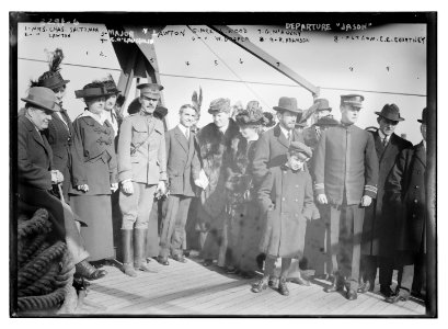 Departure of JASON- Mrs. Chas. Saltzman, Mrs. Lawton, Major Lawton, C.O. Laughlin, Mrs. L. Wood, Mrs. W. Draper, G. McAneny, G.R. Adamson, Lt. Com. C.E. Courtney LCCN2014698023