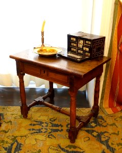 Desk, Castile, Spain, walnut, 17th century AD, with cabinet, Italy, 19 century, after a 17th century German model, bone, ebonised wood - Museo Nacional de Artes Decorativas - Madrid, Spain - DSC07941 photo