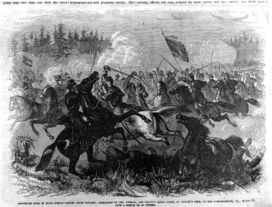 Desperate hand to hand combat between Union Cavalry, commanded by Gen. Averill (i.e. Averell) and Stuart's Rebel Troop, at Killey's Ford (i.e. Kelly's Ford), on the Rappahannock, Va., March LCCN2005684838