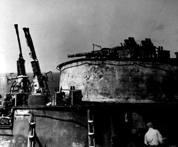 Destroyed 40mm mounts aboard USS Enterprise (CV-6) on 14 May 1945 (80-G-274212)