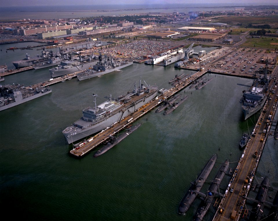Destroyer and submarine piers 22 and 23 at Naval Station Norfolk in OCtober 1984