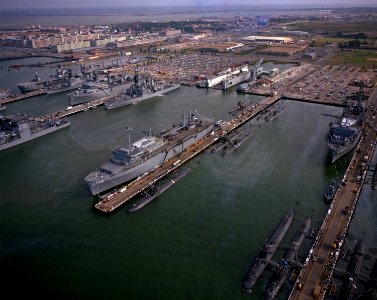 Destroyer and submarine piers 22 and 23 at Naval Station Norfolk in OCtober 1984