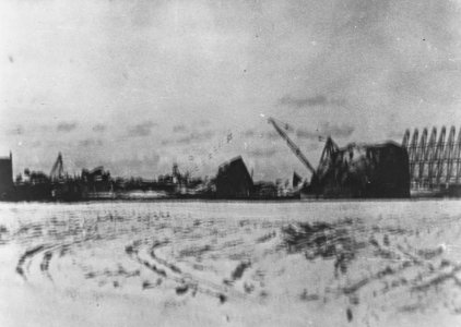 Destroyed fuel storage tanks on Wake Island c1941