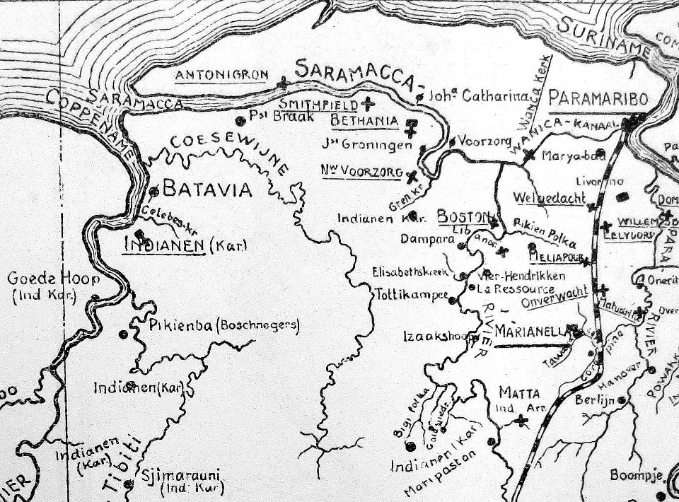 Detail kaart 'Katholiek Suriname', door een redemptorist, datum onbekend