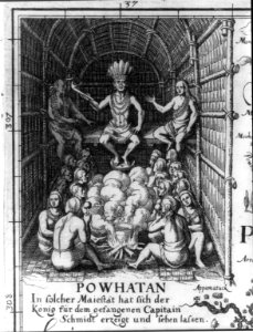 Detail of A map of Virginia of 1612, showing Powhatan in the royal wigwam. He wears a crown of feathers LCCN2003669843