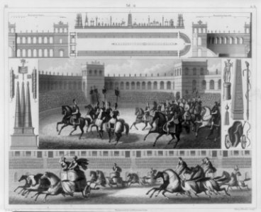 Details from the Circensian games, Ancient Rome- fig. 1 procession on horseback around the spina; fig. 2 racing on hrosebck; fig. 3 chariot races; fig. 4 groudn plan of the Circus Neronis LCCN2006679886
