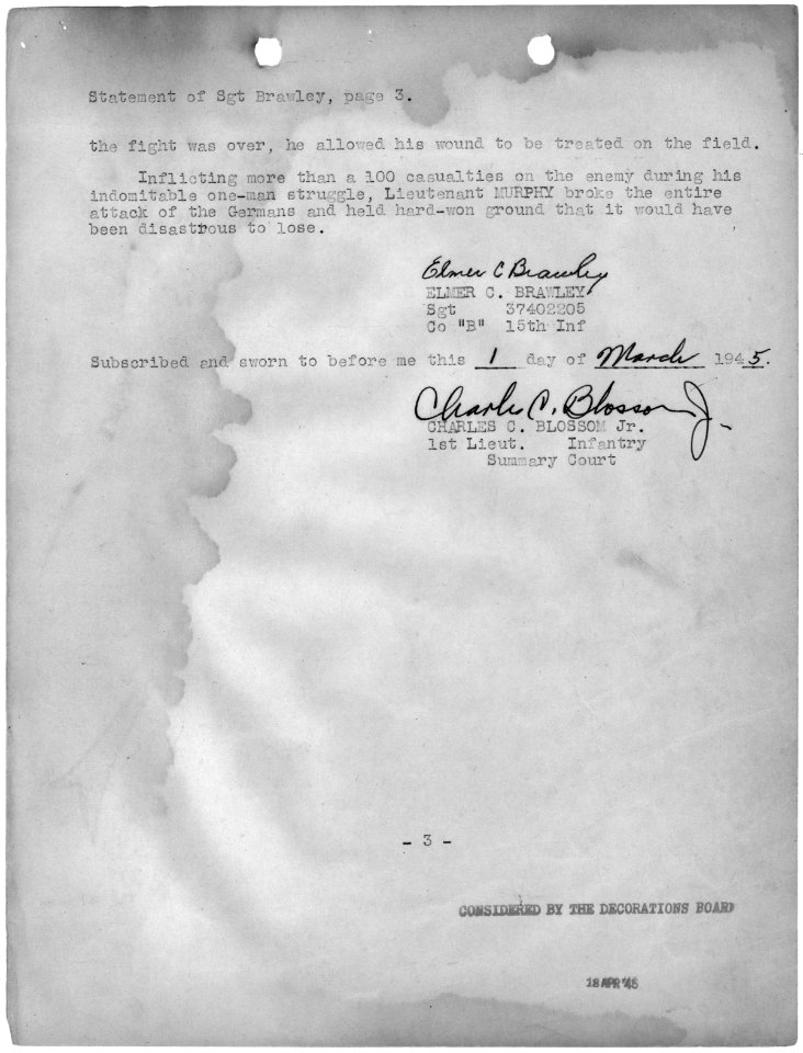 Detailed statement of Sergeant Elmer C. Brawley describing how on January 26, 1945, Second Lieutenant Audie L. Murphy...(Page 3 of 3) (5286032176)