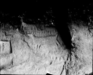 Detalj av länga med hällristningar på vägg i grotta. Jfr.m.foto 2457. Lokal, Corani, Peru. Corani - SMVK - 002459