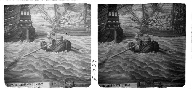 Detall del metge o polvorer del tapís de la batalla naval de Tunis a la fira del moble