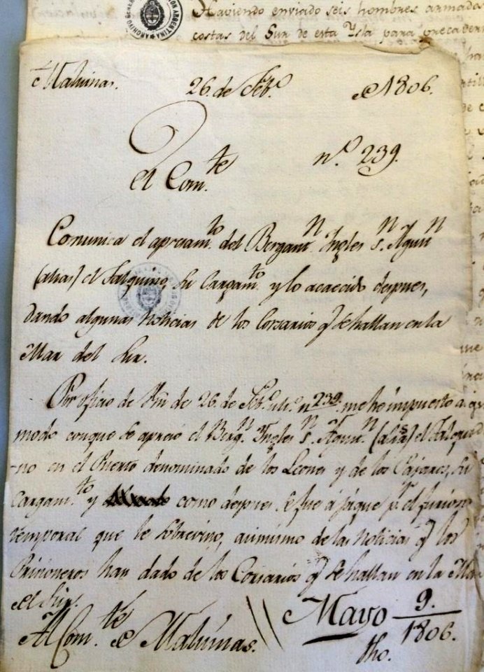 Detención de bergantín ingles por desembarcar ilegalmente en Malvinas - 1806