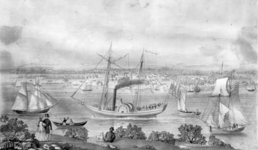 Detroit in 1820 and steamboat Walk-in-the-Water photo
